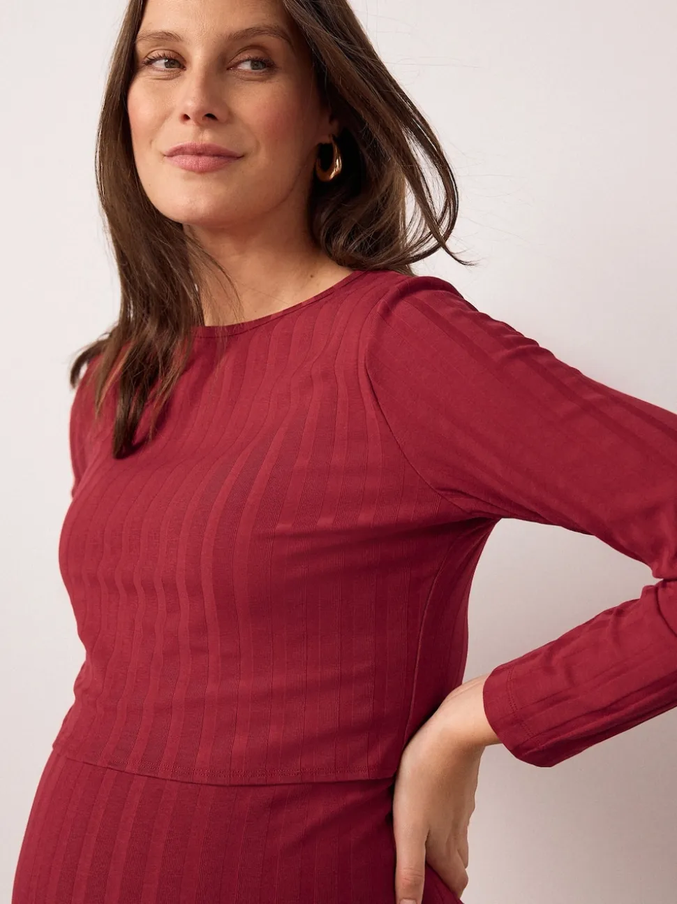 Red Maternity Long Sleeve Nursing Shelf Dress