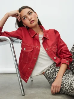 Red Oversized Relaxed Fit Denim Trucker Jacket