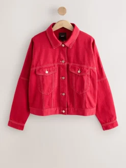 Red Oversized Relaxed Fit Denim Trucker Jacket