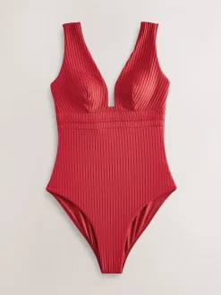 Red Rib Plunge Shaping Tummy Control Swimsuit