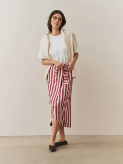 Red/Ecru Stripe Wrap Midi Skirt with Linen