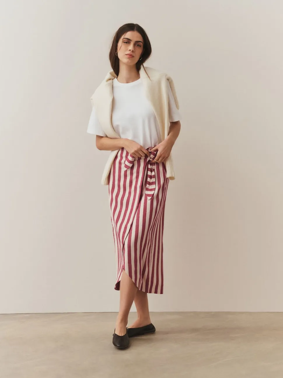 Red/Ecru Stripe Wrap Midi Skirt with Linen