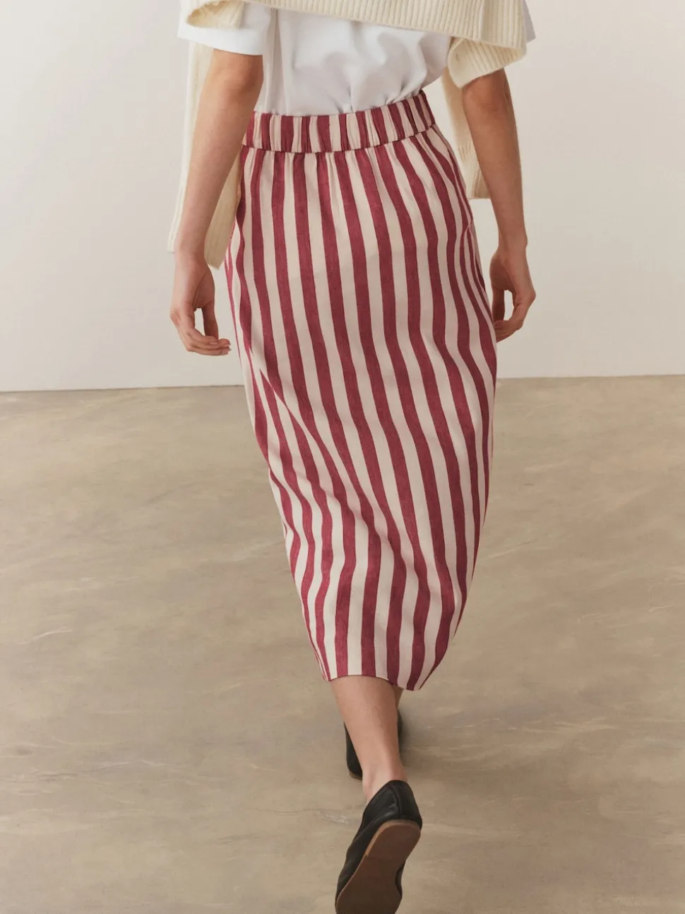 Red/Ecru Stripe Wrap Midi Skirt with Linen