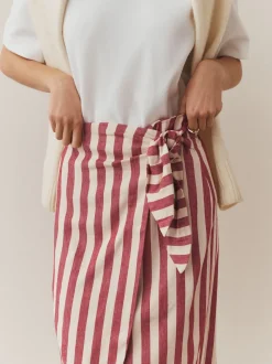 Red/Ecru Stripe Wrap Midi Skirt with Linen