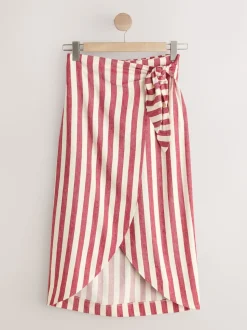 Red/Ecru Stripe Wrap Midi Skirt with Linen