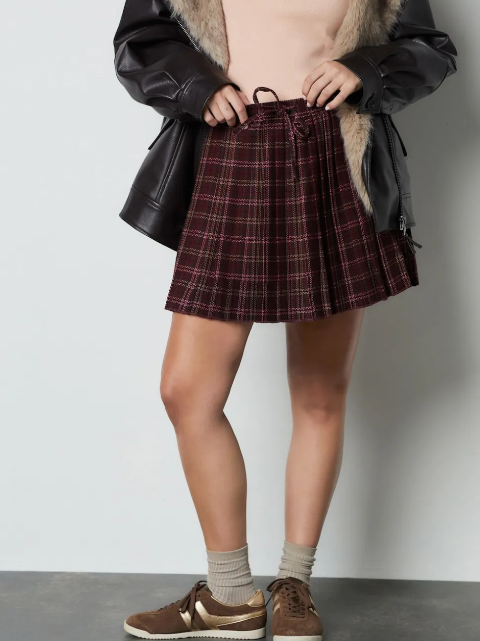 Red/Pink Check Pleated Pull On Mini Skirt