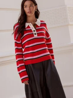 Red/Pink Stripe 100% Wool N.Premium Polo Jumper