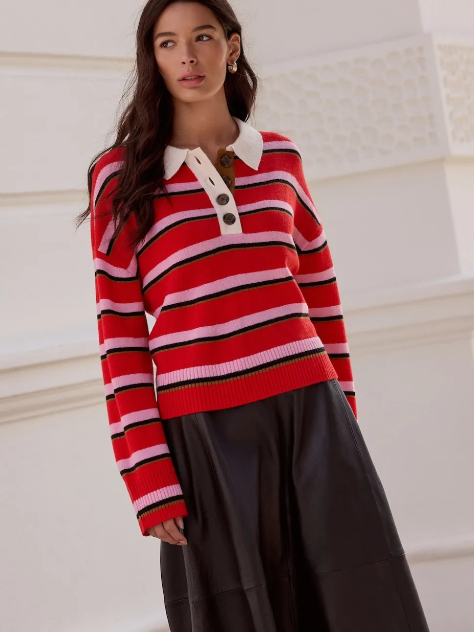 Red/Pink Stripe 100% Wool N.Premium Polo Jumper