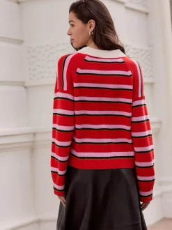 Red/Pink Stripe 100% Wool N.Premium Polo Jumper