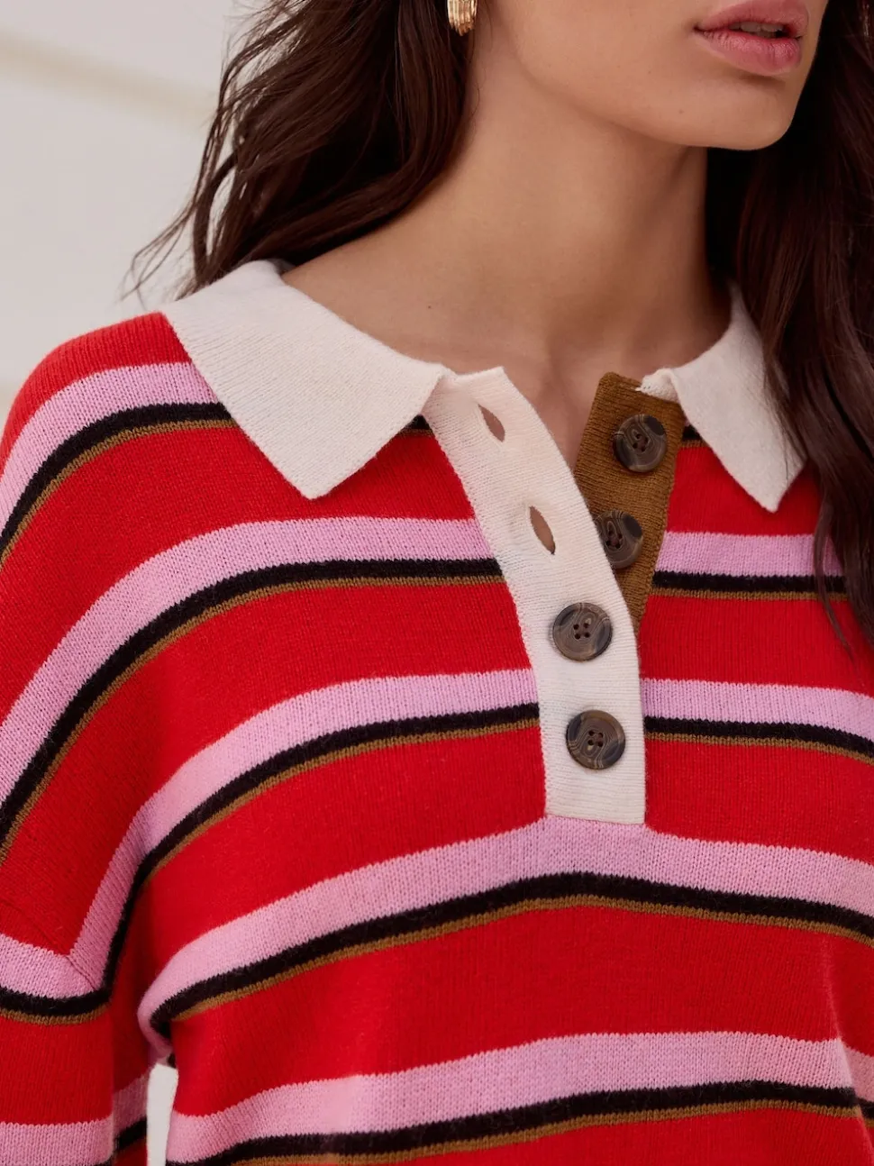Red/Pink Stripe 100% Wool N.Premium Polo Jumper