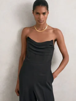 Reiss Black Ayla Structured Strapless Wide-Leg Jumpsuit