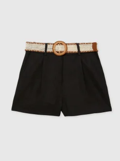 Reiss Black Beau Linen Pleat-Front Belted Shorts