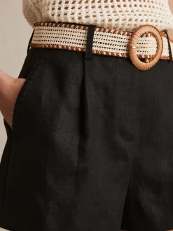 Reiss Black Beau Linen Pleat-Front Belted Shorts