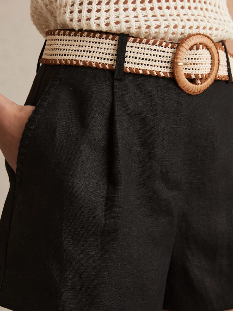 Reiss Black Beau Linen Pleat-Front Belted Shorts