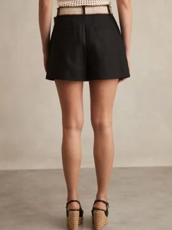 Reiss Black Beau Linen Pleat-Front Belted Shorts