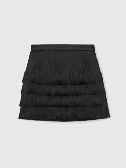 Reiss Black Chloe Fringe Mini Skirt