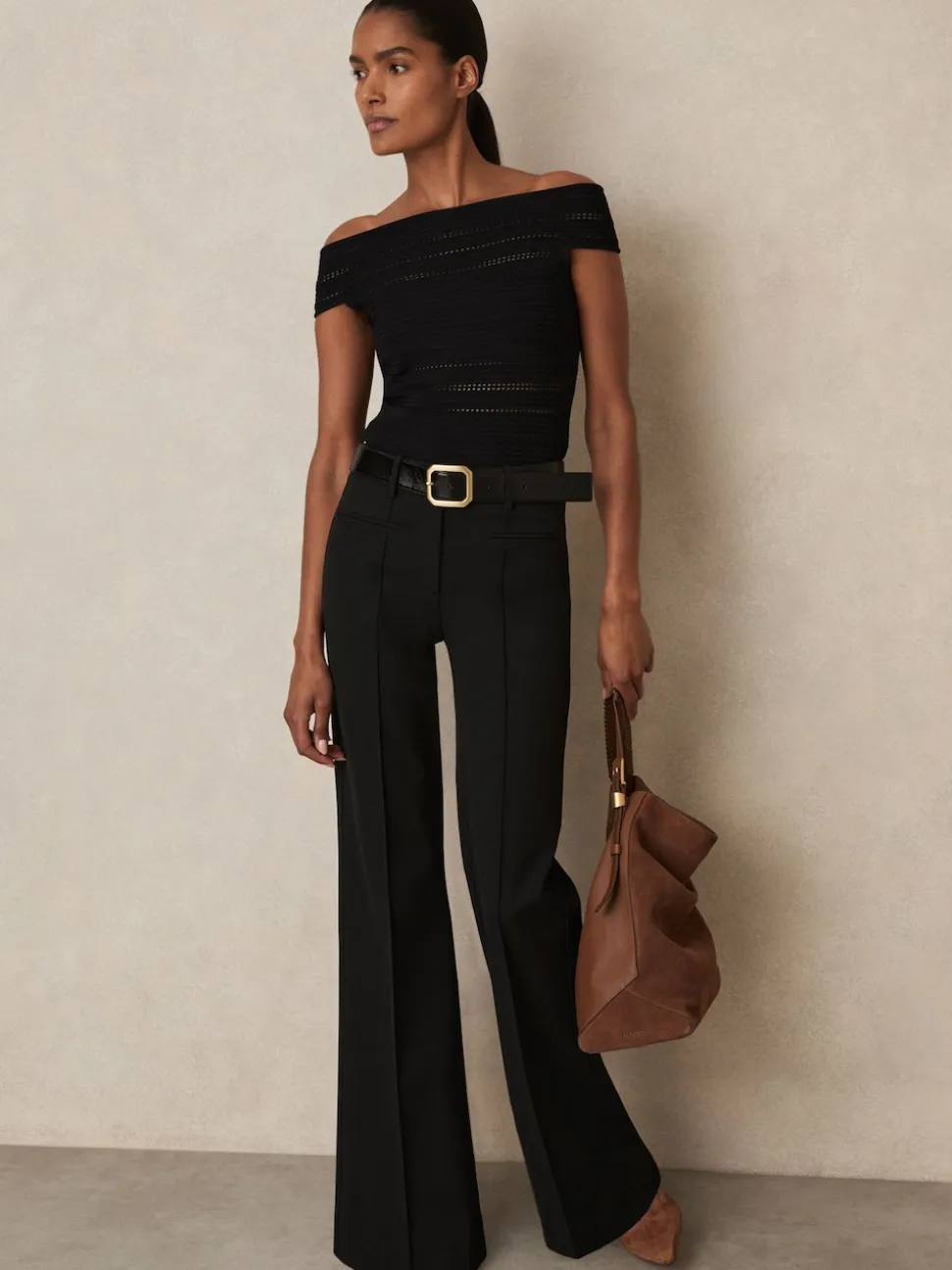 Reiss Black Claude High Rise Flared Trousers