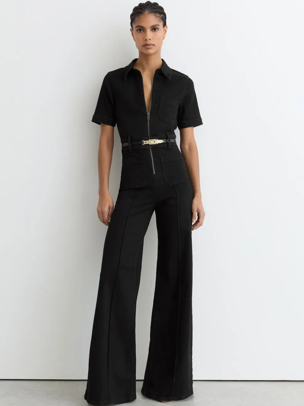 Reiss Black Danie Wide-Leg Zip-Through Denim Jumpsuit