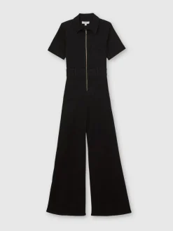 Reiss Black Danie Wide-Leg Zip-Through Denim Jumpsuit