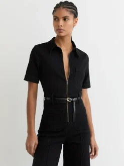 Reiss Black Danie Wide-Leg Zip-Through Denim Jumpsuit