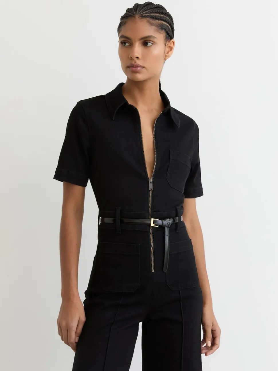Reiss Black Danie Wide-Leg Zip-Through Denim Jumpsuit