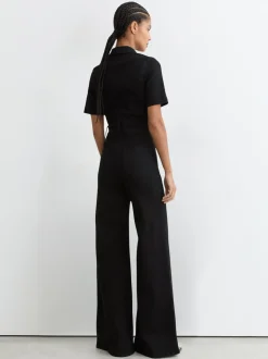 Reiss Black Danie Wide-Leg Zip-Through Denim Jumpsuit