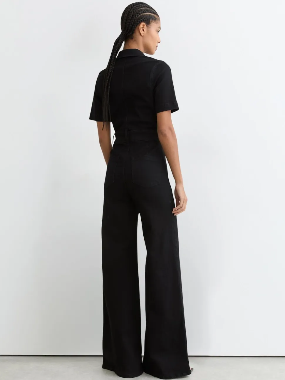 Reiss Black Danie Wide-Leg Zip-Through Denim Jumpsuit