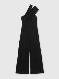 Reiss Black Daria Petite Velvet One-Shoulder Wide-Leg Jumpsuit