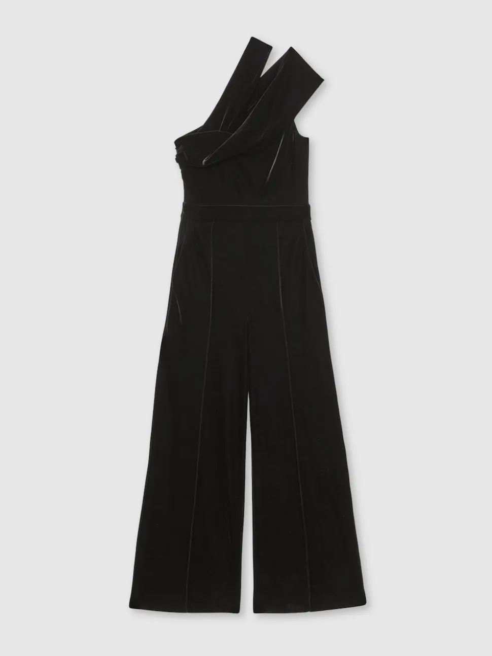 Reiss Black Daria Petite Velvet One-Shoulder Wide-Leg Jumpsuit