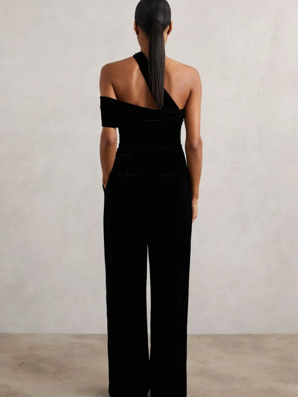 Reiss Black Daria Petite Velvet One-Shoulder Wide-Leg Jumpsuit