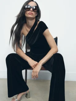 Reiss Black Daria Velvet One-Shoulder Wide-Leg Jumpsuit