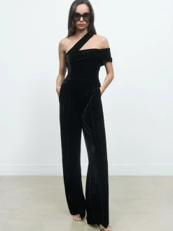 Reiss Black Daria Velvet One-Shoulder Wide-Leg Jumpsuit