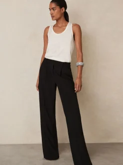 Reiss Black Eden Elasticated-Waist Wide-Leg Twill Trousers