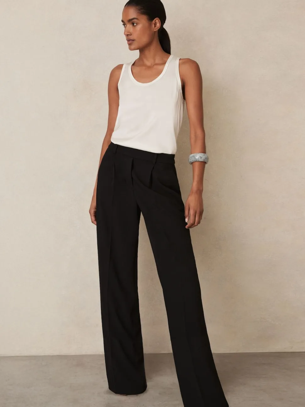 Reiss Black Eden Elasticated-Waist Wide-Leg Twill Trousers