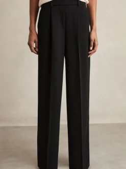 Reiss Black Eden Elasticated-Waist Wide-Leg Twill Trousers