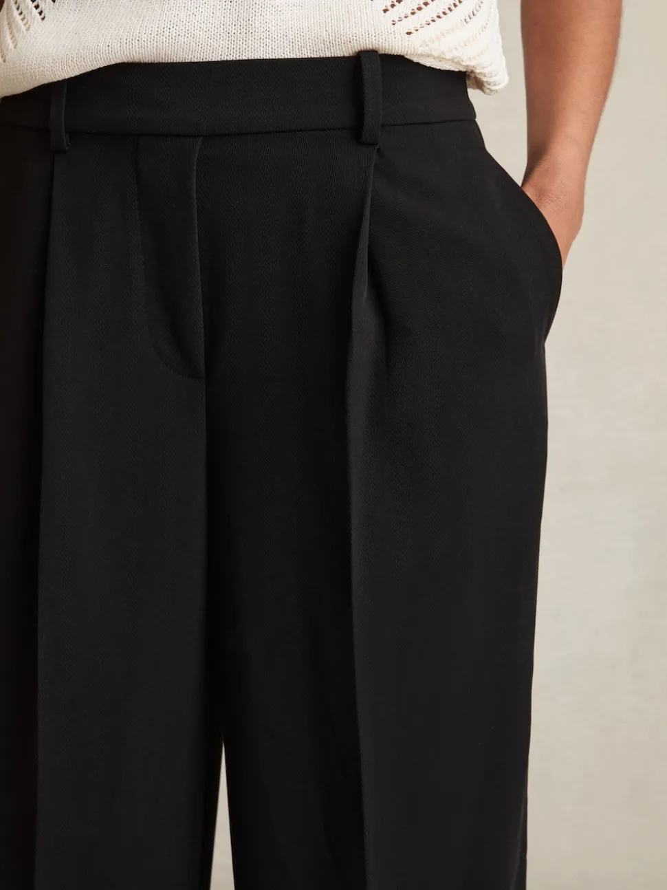 Reiss Black Eden Elasticated-Waist Wide-Leg Twill Trousers
