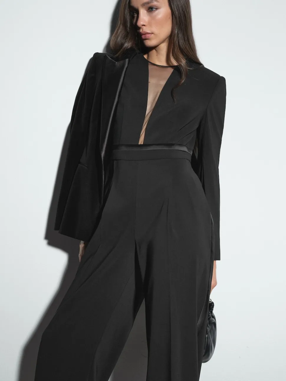 Reiss Black Evora Petite Plunge-Neck Split-Sleeve Jumpsuit