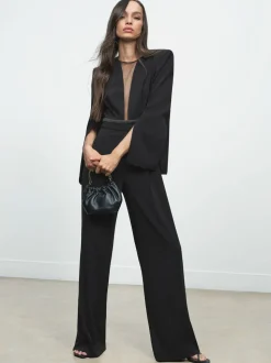 Reiss Black Evora Petite Plunge-Neck Split-Sleeve Jumpsuit