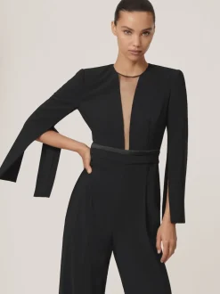 Reiss Black Evora Petite Plunge-Neck Split-Sleeve Jumpsuit