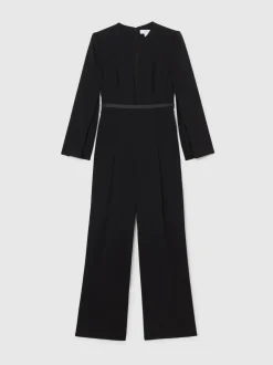 Reiss Black Evora Plunge-Neck Split-Sleeve Jumpsuit