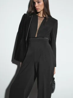 Reiss Black Evora Plunge-Neck Split-Sleeve Jumpsuit