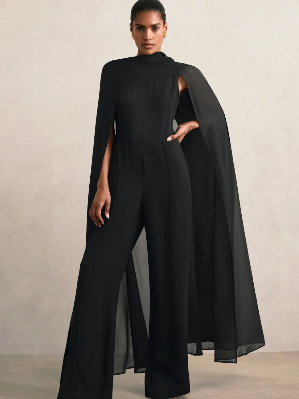 Reiss Black Farley Wide-Leg Cape Jumpsuit