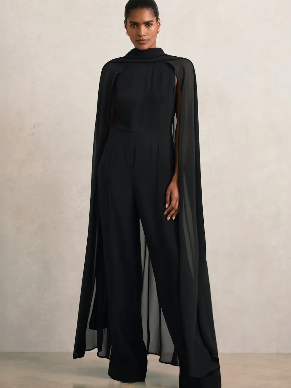 Reiss Black Farley Wide-Leg Cape Jumpsuit