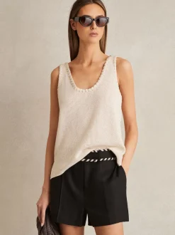Reiss Black Fawn Linen Whipstitch Shorts