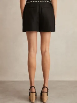 Reiss Black Fawn Linen Whipstitch Shorts