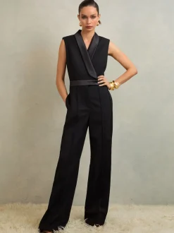 Reiss Black Gaia Atelier Wide-Leg Tuxedo Jumpsuit