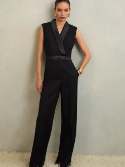 Reiss Black Gaia Atelier Wide-Leg Tuxedo Jumpsuit