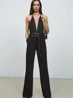 Reiss Black Kamila Chain-Detail Flared-Leg Jumpsuit