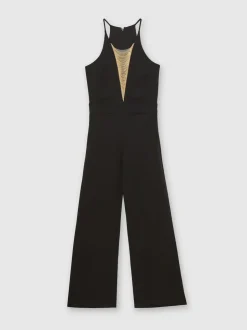 Reiss Black Kamila Chain-Detail Flared-Leg Jumpsuit