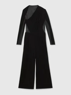 Reiss Black Karolina Velvet Sheer-Panel Wide-Leg Jumpsuit